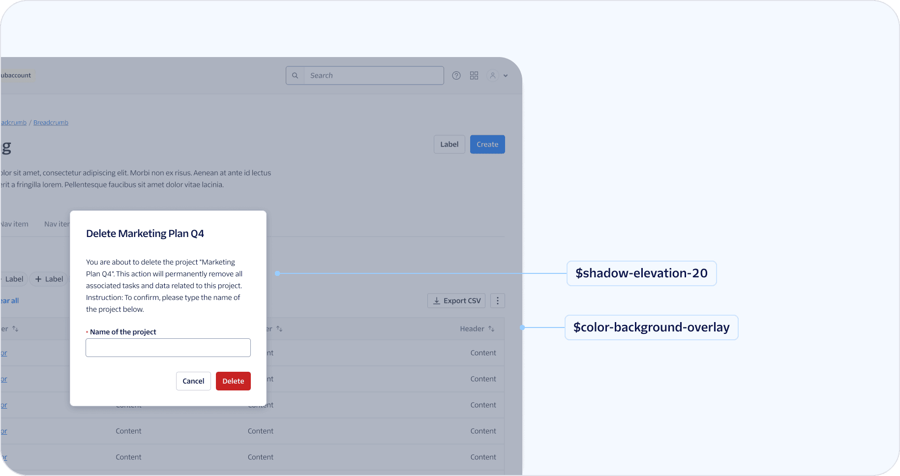 mock of alert dialog component where the overlay is using 'color background overlay' token as background color and 'shadow elevation 20' token as box shadow for dialog